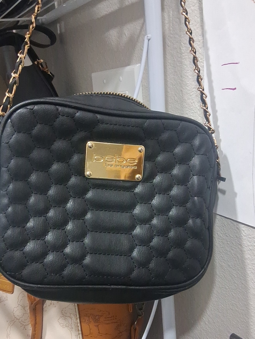 bebe Black Quilted Leather Crossbody with Gold Plaque